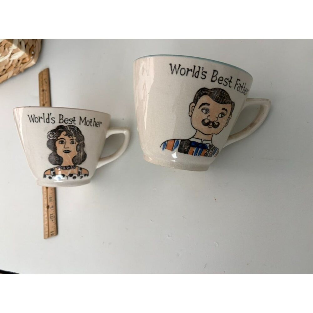 Vtg hand painted world's best mother and father ceramic mug set